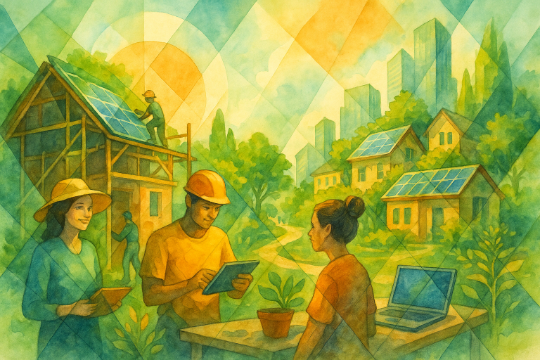 Schéma illustrant la collaboration entre professionnels du bâtiment et citoyens dans un Système de Garantie Participative, avec l'appui de la plateforme open source développée par Kosmio.