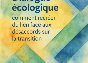 Aquarelle aux tons verts, bleus et jaunes avec superposition de formes géométriques symbolisant le dialogue écologique et la transition.