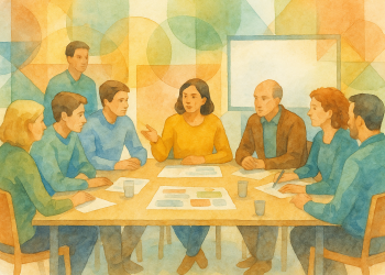 Personnes réunies autour d'une table dans un atelier collaboratif, illustrant la coopération locale et la participation citoyenne dans un territoire en transition.