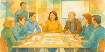 Personnes réunies autour d'une table dans un atelier collaboratif, illustrant la coopération locale et la participation citoyenne dans un territoire en transition.