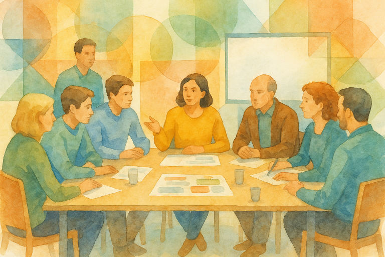 Personnes réunies autour d'une table dans un atelier collaboratif, illustrant la coopération locale et la participation citoyenne dans un territoire en transition.