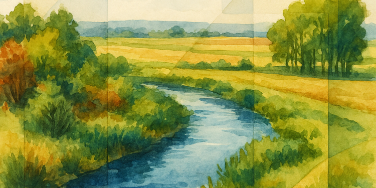 Rivière entourée de végétation, illustrant la gestion écologique et participative de l’eau à l’échelle d’un bassin versant.