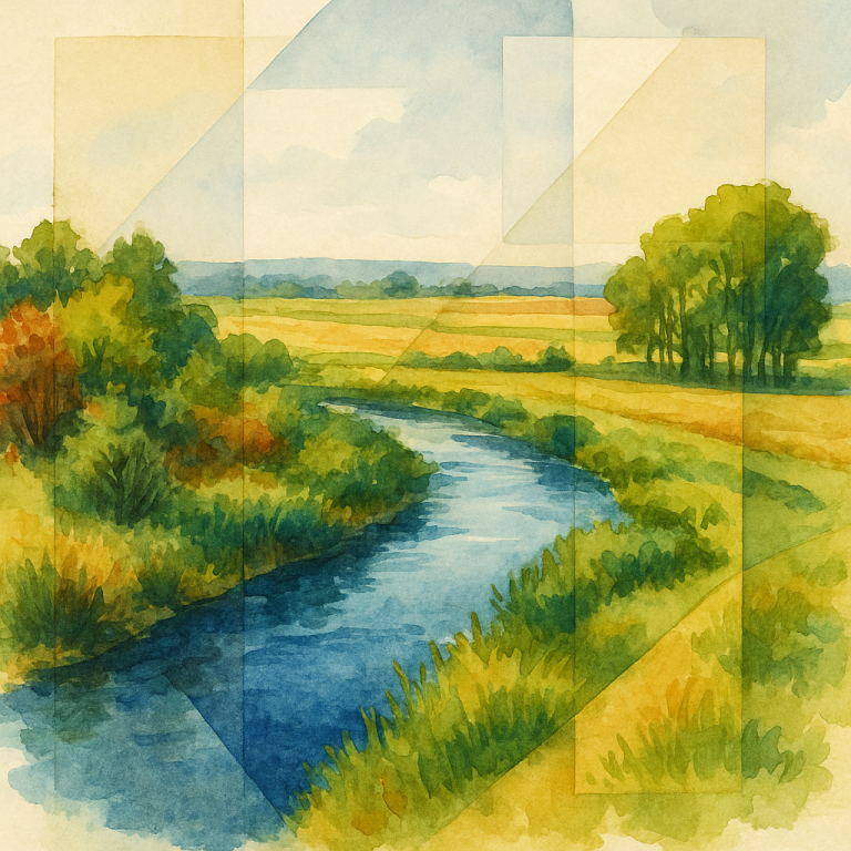 Rivière entourée de végétation, illustrant la gestion écologique et participative de l’eau à l’échelle d’un bassin versant.