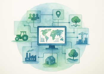 Illustration d’une plateforme numérique de transition écologique reliant des acteurs et données pour l’agriculture, l’industrie, la construction et la gestion des ressources.
