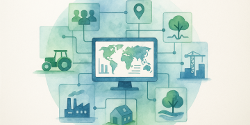 Illustration d’une plateforme numérique de transition écologique reliant des acteurs et données pour l’agriculture, l’industrie, la construction et la gestion des ressources.