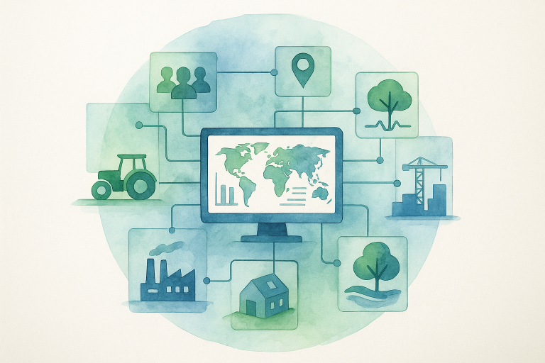 Illustration d’une plateforme numérique de transition écologique reliant des acteurs et données pour l’agriculture, l’industrie, la construction et la gestion des ressources.