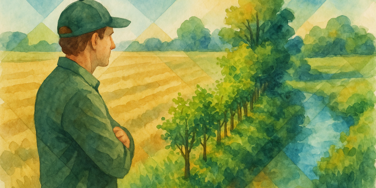 Agriculteur dans un paysage agricole avec haie bocagère, illustrant les outils PSE et ORE pour protéger la ressource en eau