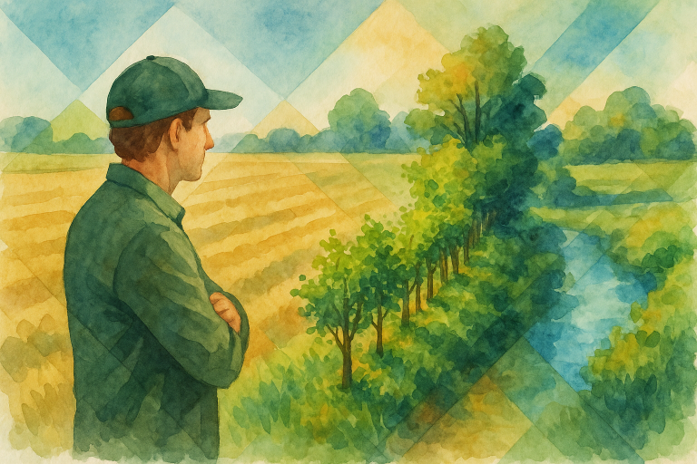 Agriculteur dans un paysage agricole avec haie bocagère, illustrant les outils PSE et ORE pour protéger la ressource en eau