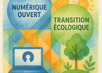 Illustration aquarelle représentant la convergence entre numérique ouvert et transition écologique, avec un ordinateur open source, un arbre, un soleil et des formes géométriques colorées.