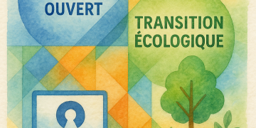 Illustration aquarelle représentant la convergence entre numérique ouvert et transition écologique, avec un ordinateur open source, un arbre, un soleil et des formes géométriques colorées.