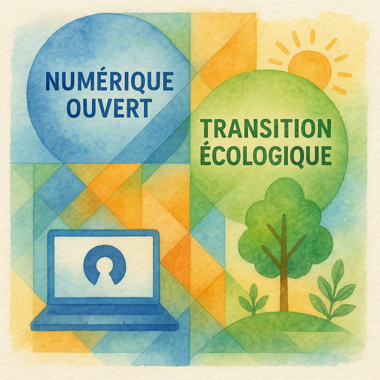 Illustration aquarelle représentant la convergence entre numérique ouvert et transition écologique, avec un ordinateur open source, un arbre, un soleil et des formes géométriques colorées.
