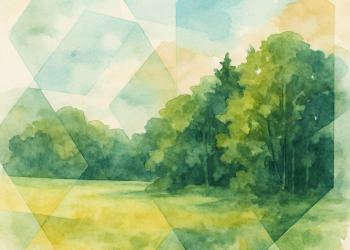 Illustration aquarelle d’une prairie et d’une forêt avec des formes géométriques superposées, représentant un terrain protégé par l’ORE.