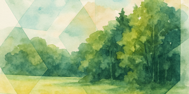 Illustration aquarelle d’une prairie et d’une forêt avec des formes géométriques superposées, représentant un terrain protégé par l’ORE.