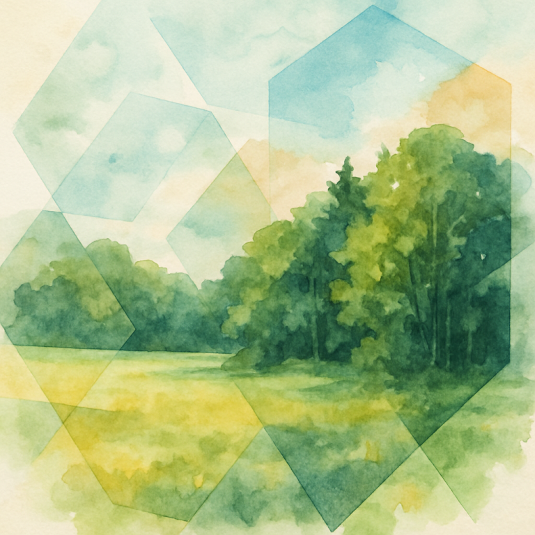 Illustration aquarelle d’une prairie et d’une forêt avec des formes géométriques superposées, représentant un terrain protégé par l’ORE.