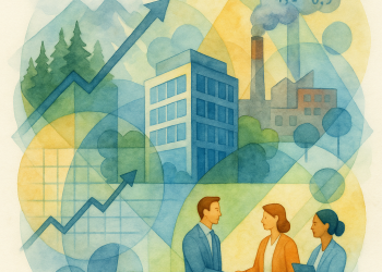 Illustration représentant une entreprise au centre d’un paysage symbolique intégrant des éléments de nature, d’industrie, de données et de collaboration, pour incarner la stratégie climatique à 360°.