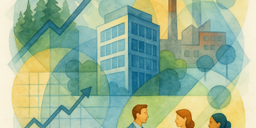 Illustration représentant une entreprise au centre d’un paysage symbolique intégrant des éléments de nature, d’industrie, de données et de collaboration, pour incarner la stratégie climatique à 360°.