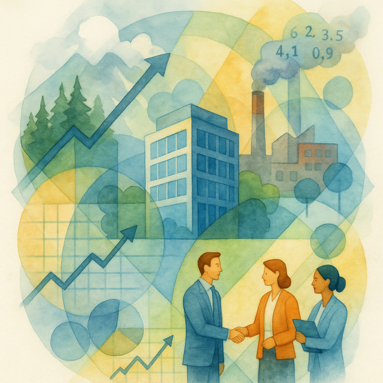 Illustration représentant une entreprise au centre d’un paysage symbolique intégrant des éléments de nature, d’industrie, de données et de collaboration, pour incarner la stratégie climatique à 360°.