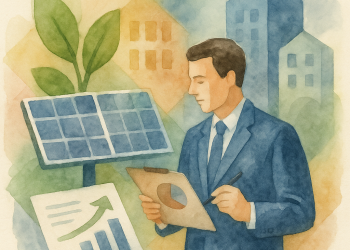 Illustration d’une entreprise en transition écologique avec des éléments symbolisant les aides financières en 2025