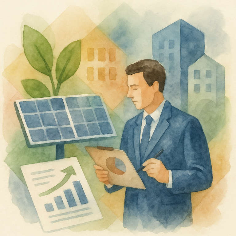 Illustration d’une entreprise en transition écologique avec des éléments symbolisant les aides financières en 2025