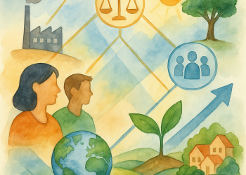 Illustration représentant la transformation écologique comme un processus inclusif, interconnecté et ancré dans les dynamiques sociales et territoriales