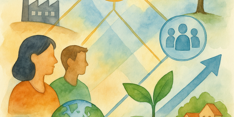 Illustration représentant la transformation écologique comme un processus inclusif, interconnecté et ancré dans les dynamiques sociales et territoriales