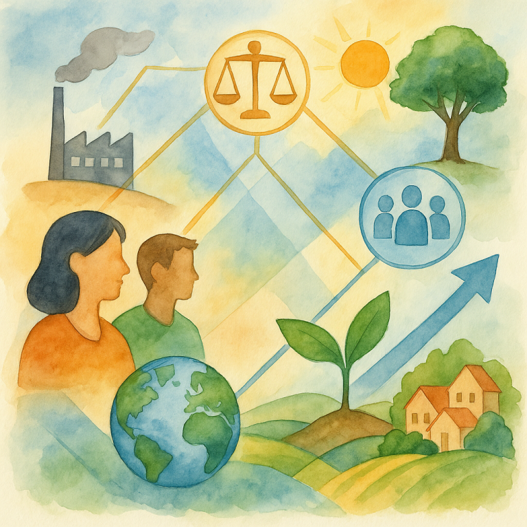 Illustration représentant la transformation écologique comme un processus inclusif, interconnecté et ancré dans les dynamiques sociales et territoriales
