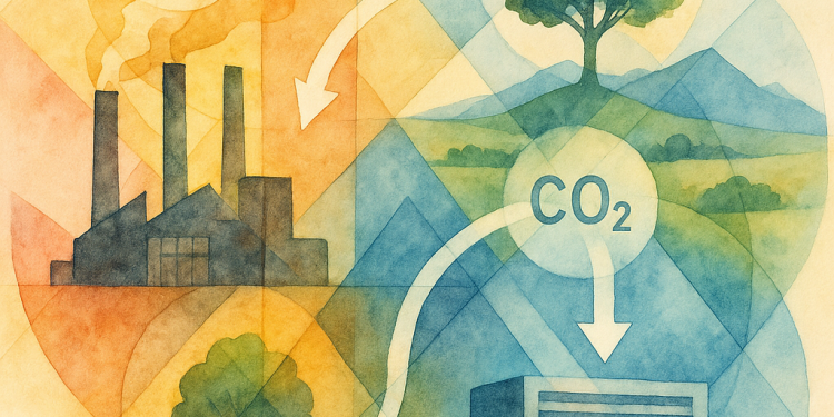 Illustration symbolique d’un paysage industriel et naturel connecté par des flux de CO₂ capturés, représentant l’intégration de l’élimination du carbone dans les politiques climatiques.