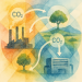 Illustration symbolique d’un paysage industriel et naturel connecté par des flux de CO₂ capturés, représentant l’intégration de l’élimination du carbone dans les politiques climatiques.