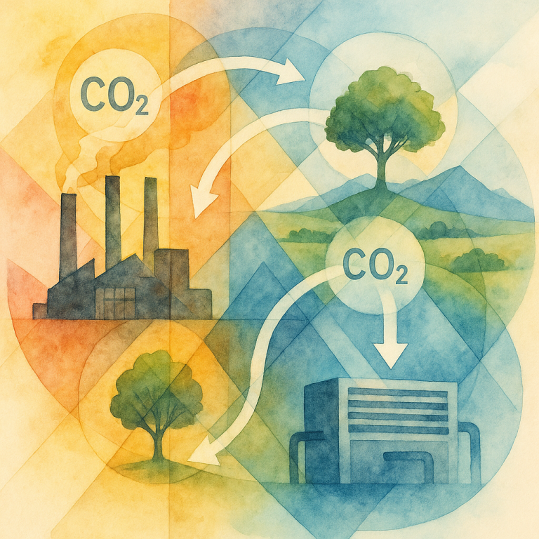 Illustration symbolique d’un paysage industriel et naturel connecté par des flux de CO₂ capturés, représentant l’intégration de l’élimination du carbone dans les politiques climatiques.