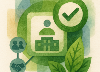 Illustration représentant une organisation recevant un badge numérique vert, avec une icône de validation, des feuilles symbolisant l’écologie, et des connexions à d’autres entités engagées.