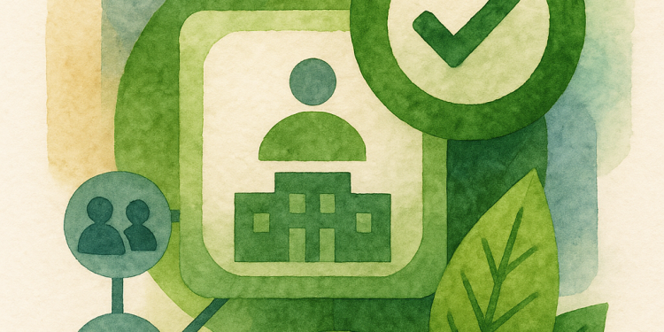 Illustration représentant une organisation recevant un badge numérique vert, avec une icône de validation, des feuilles symbolisant l’écologie, et des connexions à d’autres entités engagées.