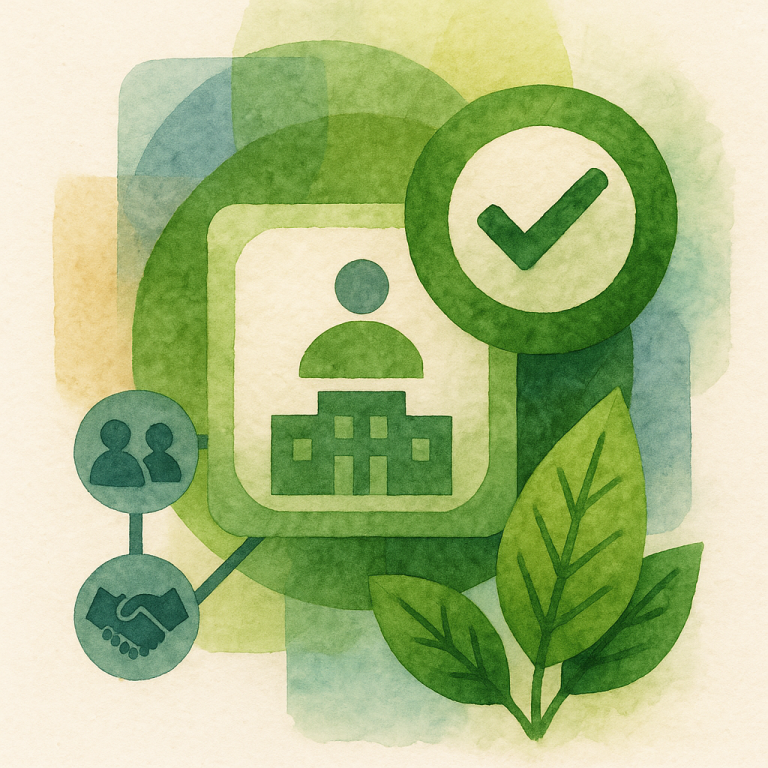 Illustration représentant une organisation recevant un badge numérique vert, avec une icône de validation, des feuilles symbolisant l’écologie, et des connexions à d’autres entités engagées.