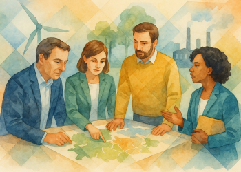 Des chefs d’entreprise et représentants de réseaux professionnels réunis autour d’une carte de territoire, discutant de projets de transition écologique et d’innovation collaborative.