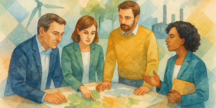 Des chefs d’entreprise et représentants de réseaux professionnels réunis autour d’une carte de territoire, discutant de projets de transition écologique et d’innovation collaborative.