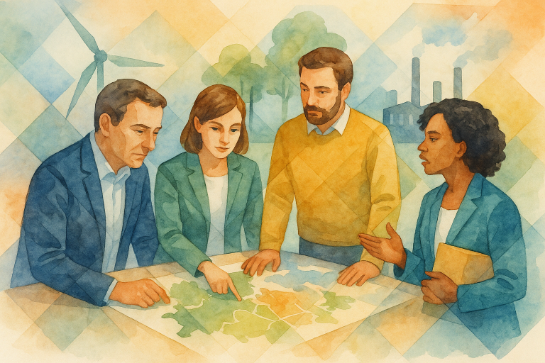 Des chefs d’entreprise et représentants de réseaux professionnels réunis autour d’une carte de territoire, discutant de projets de transition écologique et d’innovation collaborative.