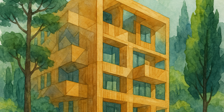 Bâtiment en bois écologique entouré de végétation, représentant le Pacte Biosourcé et la construction durable en région Sud.