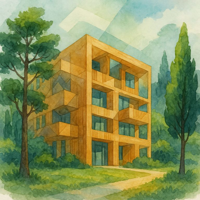 Bâtiment en bois écologique entouré de végétation, représentant le Pacte Biosourcé et la construction durable en région Sud.