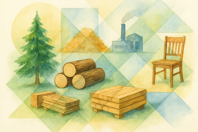 Schéma illustrant la traçabilité des produits bois grâce au Passeport Numérique de Produit dans le cadre de la transition écologique européenne.