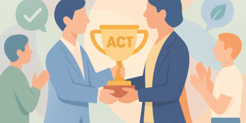 Illustration pastel d’un dirigeant recevant un trophée marqué « ACT », entouré de clients applaudissant, représentant la reconnaissance offerte aux entreprises formées à ACT Pas à Pas.