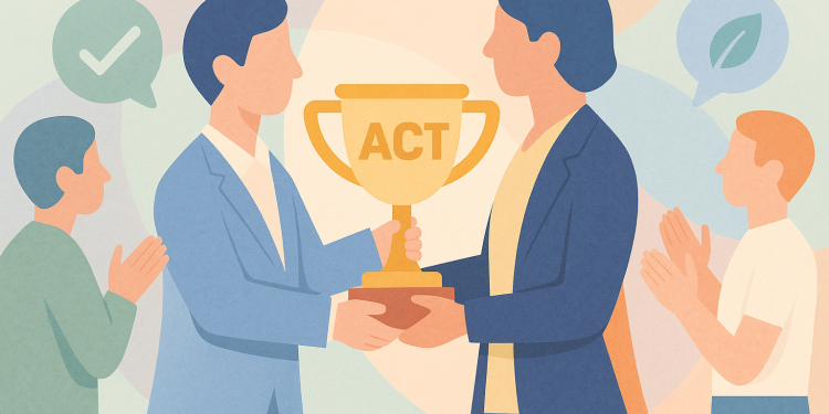 Illustration pastel d’un dirigeant recevant un trophée marqué « ACT », entouré de clients applaudissant, représentant la reconnaissance offerte aux entreprises formées à ACT Pas à Pas.