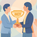 Illustration pastel d’un dirigeant recevant un trophée marqué « ACT », entouré de clients applaudissant, représentant la reconnaissance offerte aux entreprises formées à ACT Pas à Pas.