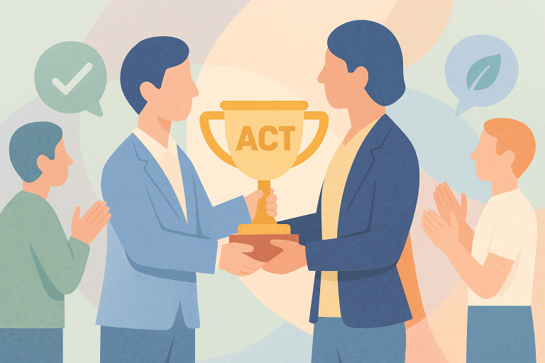 Illustration pastel d’un dirigeant recevant un trophée marqué « ACT », entouré de clients applaudissant, représentant la reconnaissance offerte aux entreprises formées à ACT Pas à Pas.