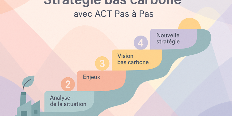 Visuel pastel montrant un chemin structuré en cinq étapes vers la décarbonation, illustrant la méthodologie ACT Pas à Pas pour les PME.