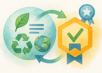 Infographie montrant comment les données du Passeport Numérique Produit (composition, empreinte carbone, recyclabilité, réparabilité) alimentent des Open Badges numériques signés et endossés, permettant aux consommateurs et aux distributeurs d’identifier rapidement les produits durables.