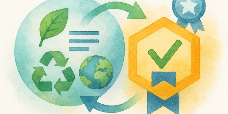 Infographie montrant comment les données du Passeport Numérique Produit (composition, empreinte carbone, recyclabilité, réparabilité) alimentent des Open Badges numériques signés et endossés, permettant aux consommateurs et aux distributeurs d’identifier rapidement les produits durables.