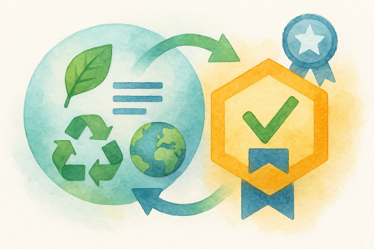 Infographie montrant comment les données du Passeport Numérique Produit (composition, empreinte carbone, recyclabilité, réparabilité) alimentent des Open Badges numériques signés et endossés, permettant aux consommateurs et aux distributeurs d’identifier rapidement les produits durables.