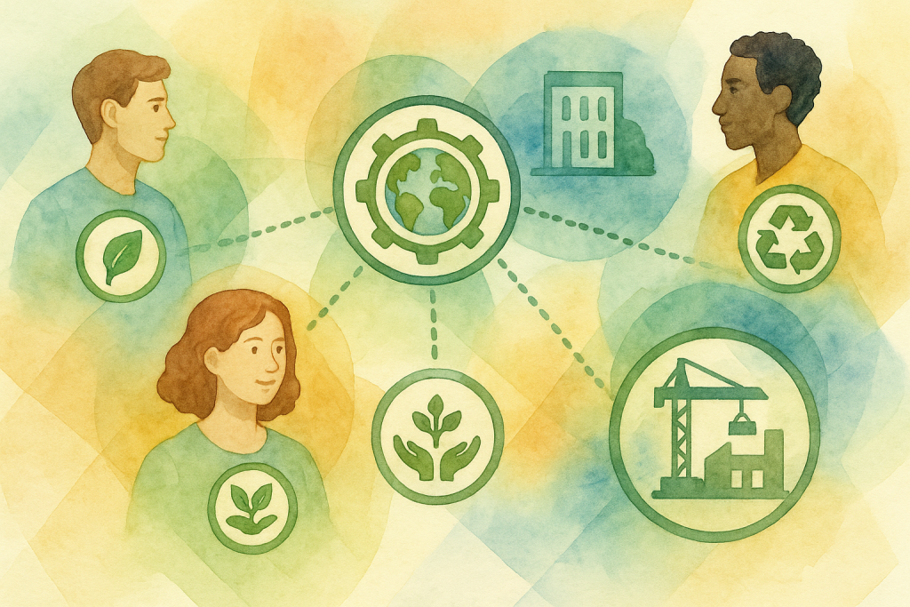 Schéma illustrant l’Open Recognition : des personnes, des organisations et des projets reliés par des badges numériques attestant de leurs compétences et engagements environnementaux.