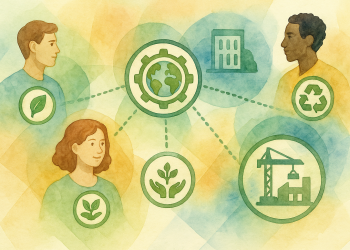 Schéma illustrant l’Open Recognition : des personnes, des organisations et des projets reliés par des badges numériques attestant de leurs compétences et engagements environnementaux.