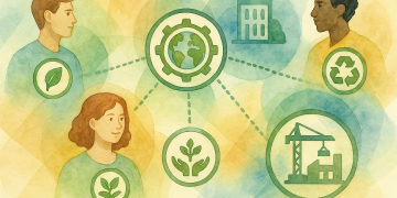 Schéma illustrant l’Open Recognition : des personnes, des organisations et des projets reliés par des badges numériques attestant de leurs compétences et engagements environnementaux.