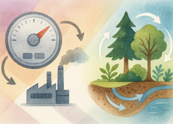 Schéma aquarelle montrant à gauche un thermostat et une usine symbolisant une vision technologique du climat, et à droite une biosphère vivante (forêts, sols, rivières) reliée par des flux naturels, illustrant la régulation climatique biologique.